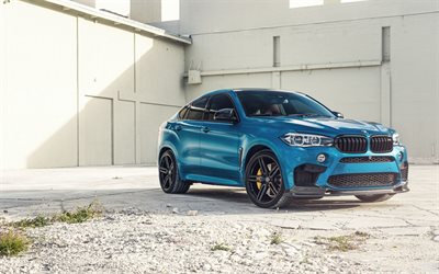 BMW X6M, 2018, F86, sports crossover, new blue X6M, tuning X6, black wheels, BMW