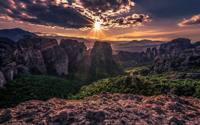 Thessaly, Meteora, mountain valley, sunset, mountains, forest, mountain landscape, Greece