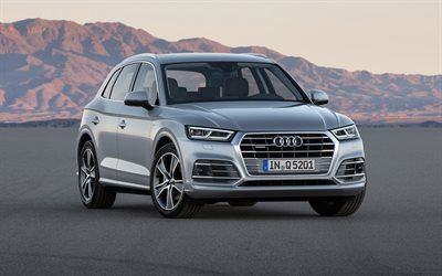 Audi Q5, 2018, 4k, exterior, lujo crossover, de plata nueva Q5, vista de frente, los coches alemanes, el Audi