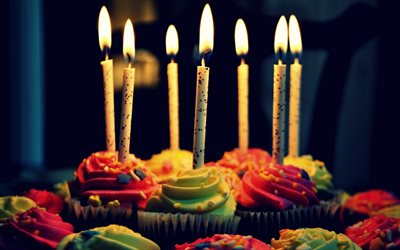 Birthday, burning candles, cupcakes, evening, birthday cake, congratulations