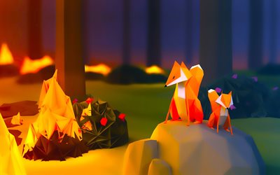 Foxes, 4k, low poly art, forest, mother and cub, 3d art