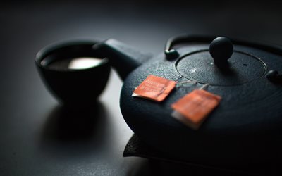 Chinese tea, 4k, black teapot, close-up, cup of tea, teapot
