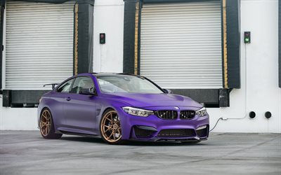 BMW M4, 2018, purple urheilu coupe, F82, ulkoa, n&#228;kym&#228; edest&#228;, tuning, violetti M4, Saksan urheilu autoja, BMW