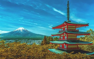 Chureito Pagoda, Fujiyama, Mount Fuji, mountains, stratovolcano, Fujisan, japanese landmarks, Fujiyoshida, Japan, Asia