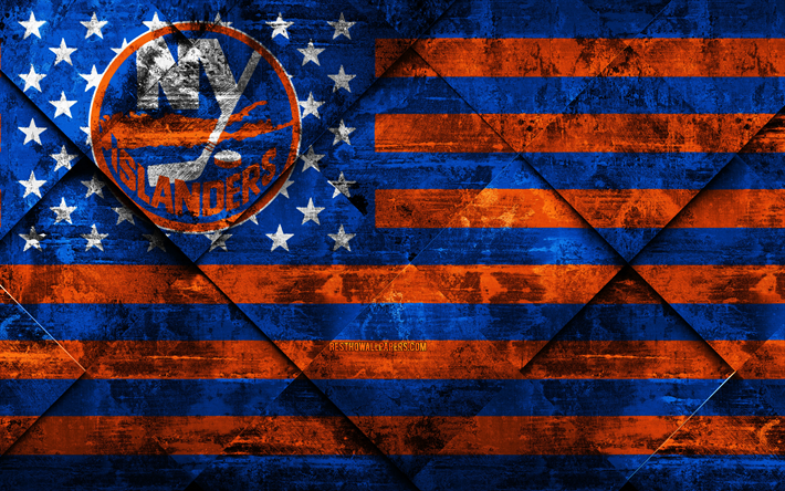 Nova York Islanders, 4k, Americana de h&#243;quei clube, grunge arte, rombo textura grunge, Bandeira americana, NHL, Brooklyn, Nova York, EUA, Liga Nacional De H&#243;quei, Bandeira dos EUA, h&#243;quei