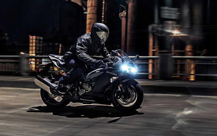 A Kawasaki Ninja ZX-6R, 2019, moto esportiva, novo preto ZX-6R, noite, sportbike japon&#234;s, Kawasaki