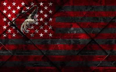 Arizona Coyotes, 4k, American hockey club, grunge art, rhombus grunge tekstuuri, Amerikan lippu, NHL, Glendale, Arizona, USA, National Hockey League, USA lippu, j&#228;&#228;kiekko