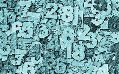 4k, blue digits background, artwork, numbers, digits textures, blue background, math concepts