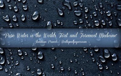 Pure Water is the Worlds First and Foremost Medicine, Slovakian Proverb, calligraphic text, quotes about water, Slovakian Proverb quotes, inspiration, water drops background