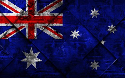 flagge von australien, grunge, kunst, rhombus grunge-textur, australien flagge, australien, nationale symbole, kreative kunst