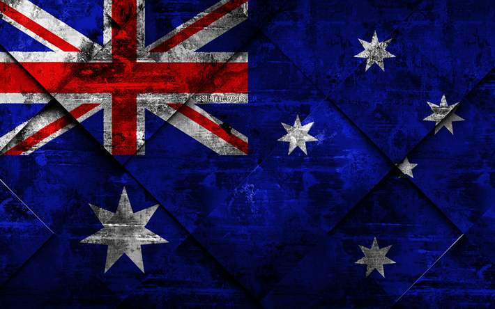 Flag of Australia, grunge art, rhombus grunge texture, Australia flag, Oceania, national symbols, Australia, creative art