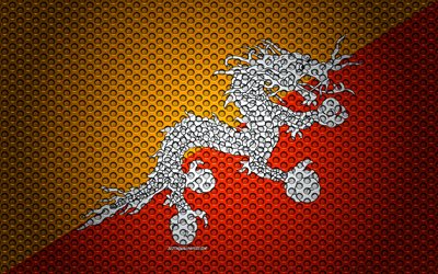 Bhutanin lippu, 4k, creative art, metalliverkosta, kansallinen symboli, Bhutan, Aasiassa, liput Aasian maat