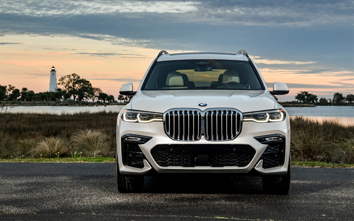 2019, BMW X7, M Sport, XDrive50i, vista frontale, bianco nuovo X7, SUV di lusso, auto tedesche, BMW