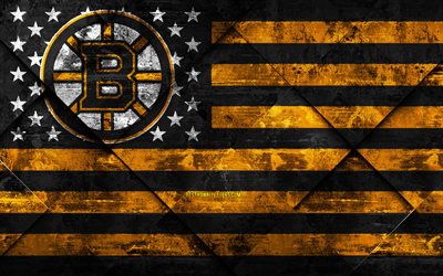 Los Bruins de Boston, 4k, de la American hockey club, el grunge de arte, rombo grunge textura, bandera Estadounidense, NHL, Boston, Massachusetts, estados UNIDOS, Liga Nacional de Hockey, la bandera de estados UNIDOS, hockey