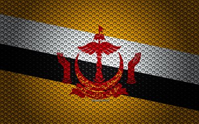 Flag of Brunei, 4k, creative art, metal mesh texture, Brunei flag, national symbol, Brunei, Asia, flags of Asian countries