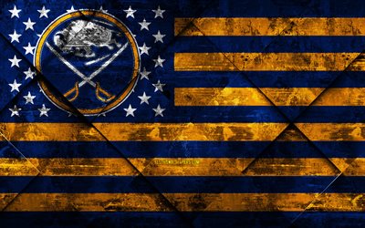 Buffalo Sabres, 4k, American hockey club, grunge art, rhombus grunge tekstuuri, Amerikan lippu, NHL, Buffalo, New York, USA, National Hockey League, USA lippu, j&#228;&#228;kiekko