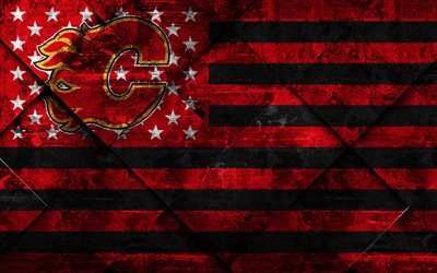 Calgary Flames, 4k, Canadian hockey club, grunge art, rhombus grunge tekstuuri, Amerikan lippu, NHL, Calgary, Alberta, Kanada, USA, National Hockey League, USA lippu, j&#228;&#228;kiekko