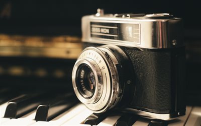 eski fotoğraf makinesi, canon, retro tarzı, piyano, kamera, retro arka plan, fotoğraf kavramları