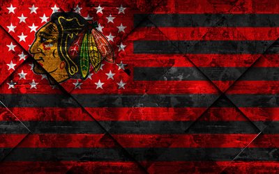 Chicago Blackhawks, 4k, Am&#233;ricaine de hockey club, grunge de l&#39;art, le losange grunge texture, drapeau Am&#233;ricain, de la LNH, Chicago, Illinois, etats-unis, la Ligue Nationale de Hockey, drapeau am&#233;ricain, le hockey