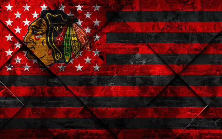 Chicago Blackhawks, 4k, American hockey club, grunge art, rhombus grunge texture, American flag, NHL, Chicago, Illinois, USA, National Hockey League, USA flag, hockey