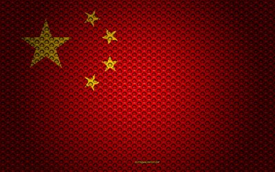 العلم من الصين, 4k, الفنون الإبداعية, شبكة معدنية الملمس, العلم الصيني, الرمز الوطني, الصين, آسيا, أعلام الدول الآسيوية, الشعوب جمهورية الصين