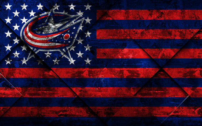 columbus blue jackets, 4k, american hockey club, grunge, kunst, rhombus grunge-textur, american flag, nhl, columbus, ohio, usa, national hockey league, usa-flagge, hockey