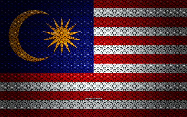 علم ماليزيا, 4k, الفنون الإبداعية, شبكة معدنية, العلم الماليزي, الرمز الوطني, ماليزيا, آسيا, أعلام الدول الآسيوية