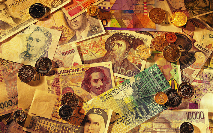 Finnish markka, money background, money texture, finnish money, banknotes, finance concepts, retro currency background