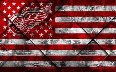 Detroit Red Wings, 4k, American hockey club, grunge art, rhombus grunge texture, American flag, NHL, Detroit, Michigan, USA, National Hockey League, USA flag, hockey