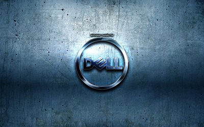 Dell-logotypen, bl&#229; metall bakgrund, kreativa, Dell, varum&#228;rken, Dell 3D-logotyp, konstverk, Dell metall logo