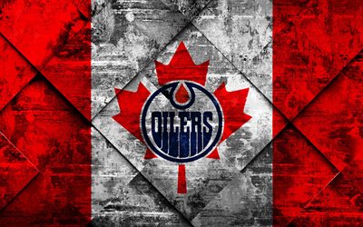 Edmonton Oilers, 4k, Kanadensisk hockey club, grunge konst, grunge textur, Amerikanska flaggan, NHL, Edmonton, Alberta, Kanada, USA, National Hockey League, hockey