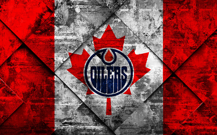 Edmonton Oilers, 4k, Kanadalı hokey kul&#252;b&#252;, grunge sanat, grunge doku, Amerikan bayrağı, NHL, Edmonton, Alberta, Kanada, ABD, Ulusal Hokey Ligi, hokey