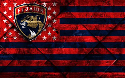 Florida Panthers, 4k, American hockey club, grunge art, rhombus grunge texture, American flag, NHL, Sunrise, Florida, USA, National Hockey League, USA flag, hockey