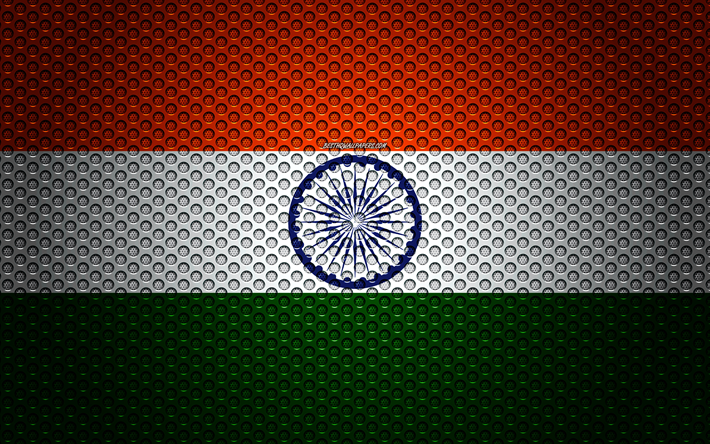 Bandera de la India, 4k, arte creativo, malla de metal textura, Indio de la bandera, s&#237;mbolo nacional, la India, Asia, las banderas de los pa&#237;ses Asi&#225;ticos