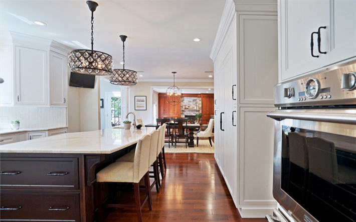classic kitchen interior design, stylish interior, dining room, kitchen, English style