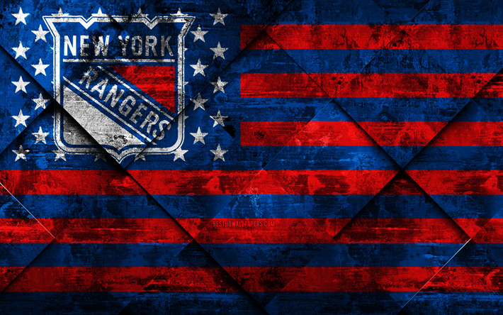 New York Rangers, 4k, American hockey club, grunge art, rhombus grunge tekstuuri, Amerikan lippu, NHL, New York, USA, National Hockey League, USA lippu, j&#228;&#228;kiekko