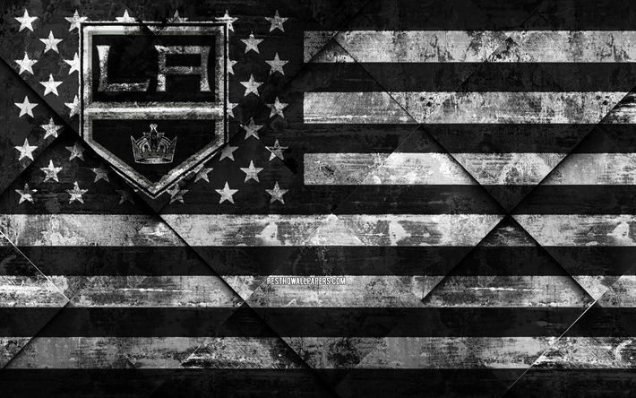 Kings de Los Angeles, 4k, Am&#233;ricaine de hockey club, grunge de l&#39;art, le losange grunge texture, drapeau Am&#233;ricain, de la LNH, Los Angeles, Californie, etats-unis, la Ligue Nationale de Hockey, drapeau am&#233;ricain, le hockey