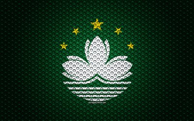 Flag of Macau, 4k, creative art, metal mesh texture, Macau flag, national symbol, Macau, Asia, flags of Asian countries