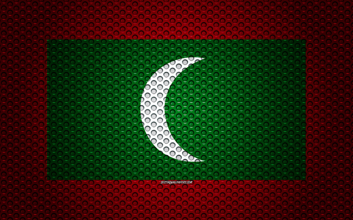 Bandera de Maldivas, 4k, arte creativo, malla de metal textura, Maldivas bandera, s&#237;mbolo nacional, Maldivas, Asia, las banderas de los pa&#237;ses Asi&#225;ticos