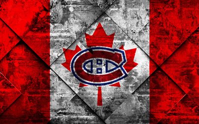 Montreal Canadiens, 4k, Canadense de h&#243;quei clube, grunge arte, rombo textura grunge, Bandeira americana, NHL, Quebec, Montreal, Canad&#225;, EUA, Liga Nacional De H&#243;quei, Bandeira canadense, h&#243;quei