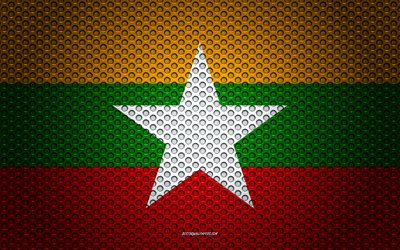العلم ميانمار, 4k, الفنون الإبداعية, شبكة معدنية الملمس, ميانمار العلم, الرمز الوطني, ميانمار, آسيا, أعلام الدول الآسيوية