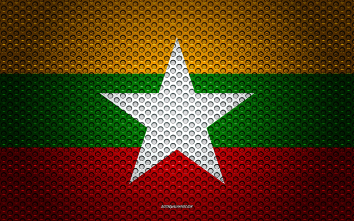 Bandera de Myanmar, 4k, arte creativo, malla de metal textura, Myanmar bandera, s&#237;mbolo nacional, Myanmar, Asia, las banderas de los pa&#237;ses Asi&#225;ticos
