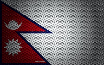 旗のネパール, 4k, 【クリエイティブ-アート, 金属メッシュの質感, ネパールのフラグ, 国立シンボル, ネパール, アジア, 旗のアジア諸国
