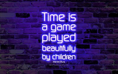 El tiempo es un juego que se juega maravillosamente por los ni&#241;os, 4k, violeta pared de ladrillo, Her&#225;clito Comillas, texto de ne&#243;n, de inspiraci&#243;n, de Her&#225;clito, citas sobre el tiempo