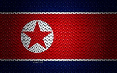 Asya &#252;lkelerinin Kuzey Kore bayrağı, 4k, yaratıcı sanat, metal mesh dokusu, Kuzey Kore bayrak, ulusal sembol, Kuzey Kore, Asya bayrakları
