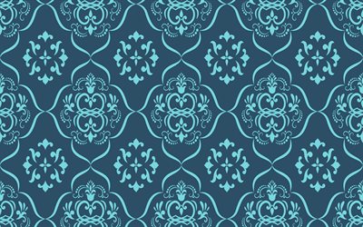 bleu floral, ornement, floral seamless texture, fond bleu, floral r&#233;tro texture