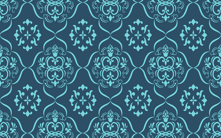 blue floral ornament, floral seamless texture, blue background, floral retro texture