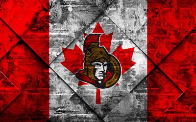Les S&#233;nateurs d&#39;Ottawa, 4k, club de hockey Canadien, grunge de l&#39;art, le losange grunge texture, drapeau Am&#233;ricain, de la LNH, Ottawa, Canada, etats-unis, la Ligue Nationale de Hockey, drapeau Canadien, le hockey
