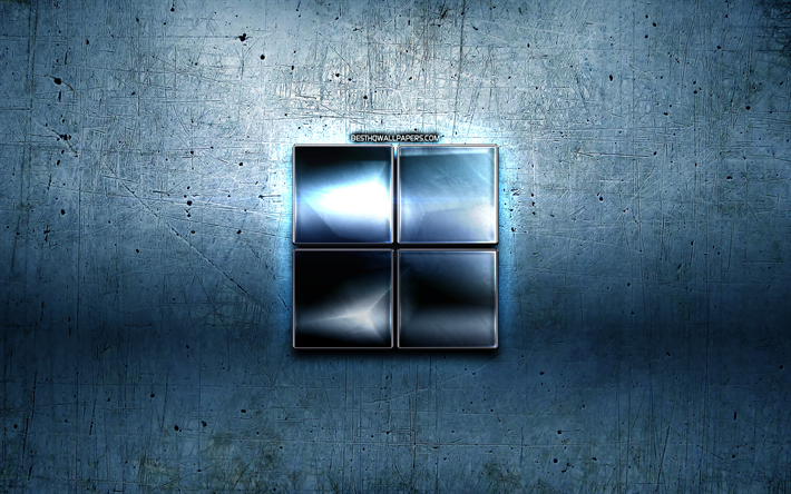 Microsoft新ロゴマーク, 青色の金属の背景, 創造, Microsoft, ブランド, Microsoft3Dロゴ, 作品, Microsoft金属のロゴ