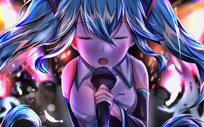 4k, Hatsune Miku with microphone, 3D art, Vocaloid Characters, creative, Hatsune Miku, concert, manga, Vocaloid, girl with blue eyes, Miku Hatsune